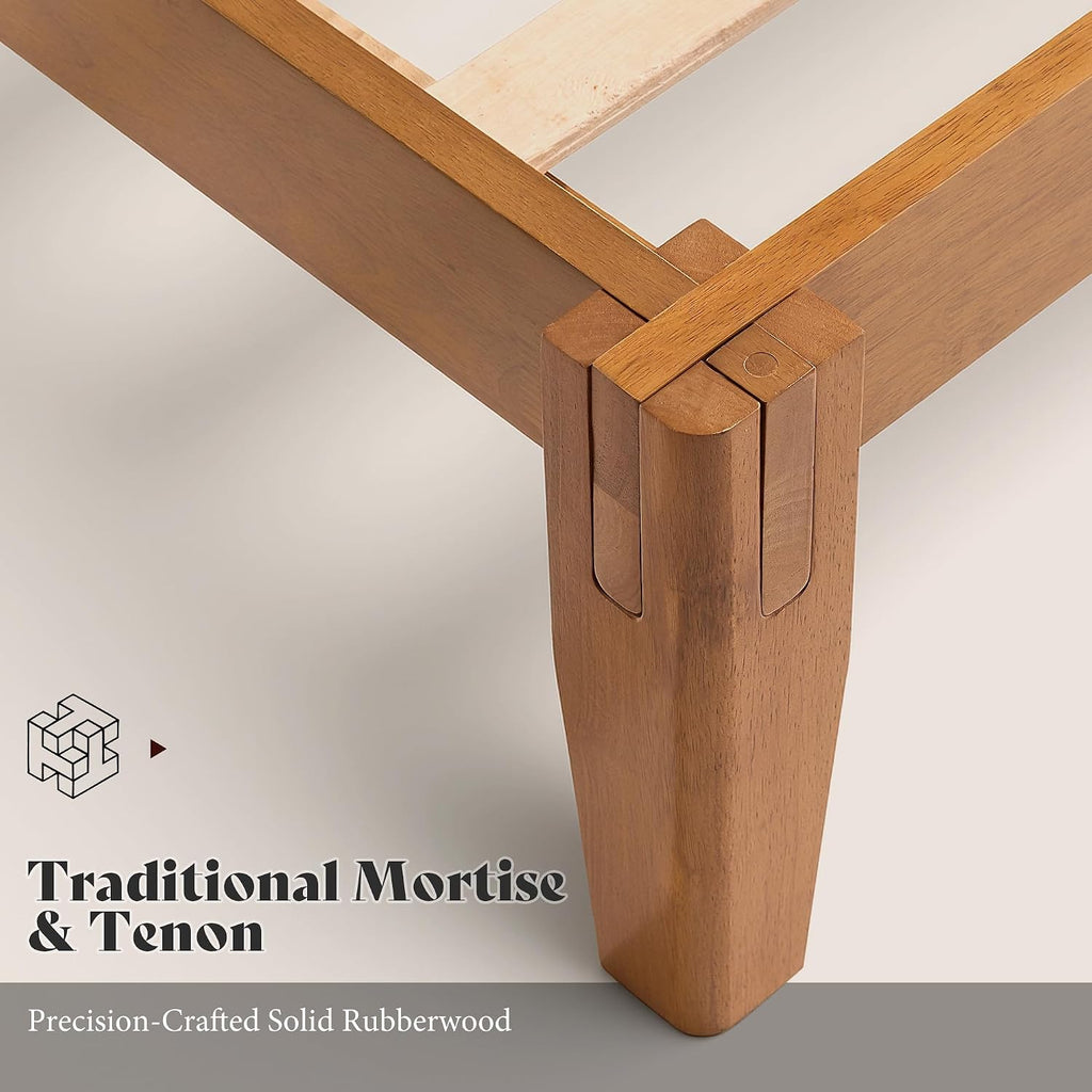 Solid Wood Bed Frame, Tool-Free, Japanese Joinery, Brown