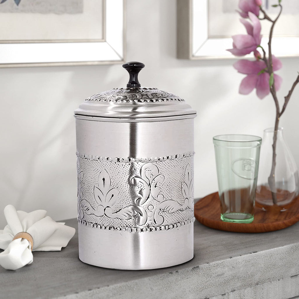 Antique Pewter Embossed 5.5 QT Stainless Steel Canister, Beautiful Food Storage Container Counter, Tea, Sugar