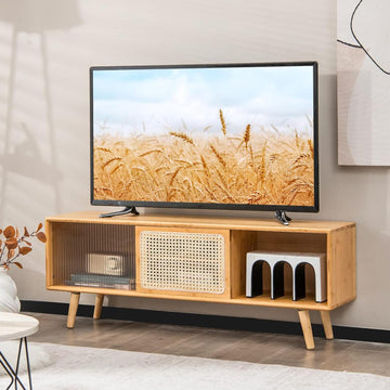Bamboo TV Stand for TVs up to 55", Mid Century Modern Entertainment Center w/ 3-Level Adjustable Shelf, PE Rattan