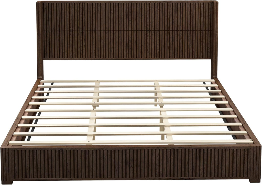 Solid Wood Platform Bed Frame with wingback Headboard, Wood Platform Bed Frame Low Profile with 80.04"