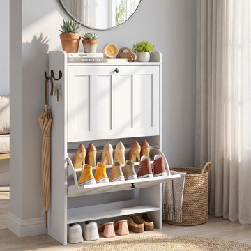 Narrow Shoe Storage Cabinet with 2 Flip Drawers, White