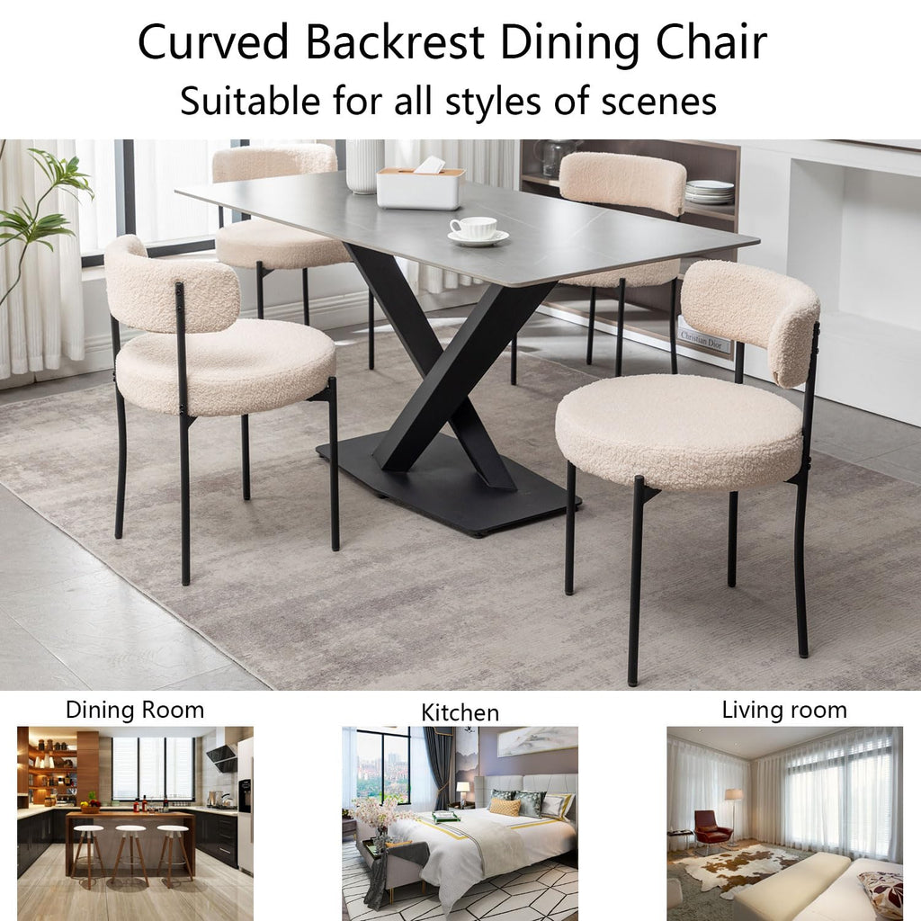 Boucle Set of 2, Upholstered Dining Room Chairs with Black Metal Legs, Round Modern Dining Chair (Beige)