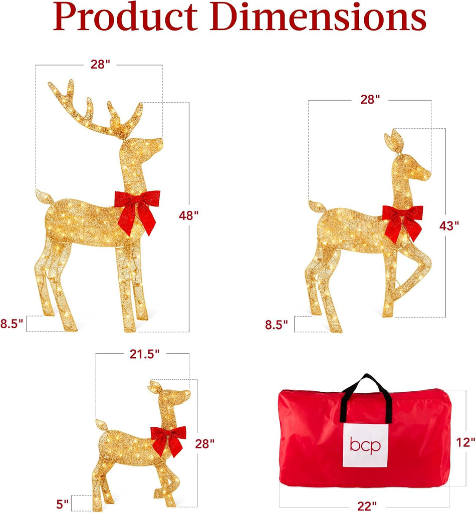 4ft 3-Piece 2D Lighted Christmas Deer Family Set, Large Outdoor Yard Reindeer Holiday Decoration with 175 LED Lights
