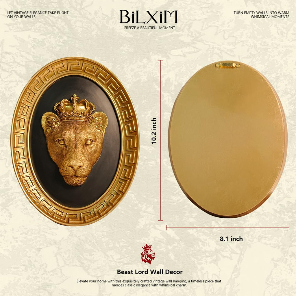Vintage Wall Sculpture, Retro Gold Lioness Head Oval Framed Wall Art, Antique Wall Decor, Gothic Hanging Decoration
