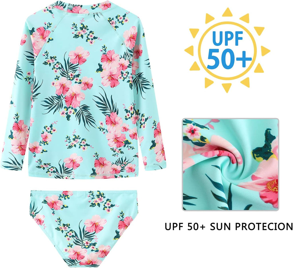 Girls Two Piece Rash Guard Swimsuits Set Long Sleeve Bathing Suit with UPF 50+ Sun Protection Kids Sunsuits Swimwear