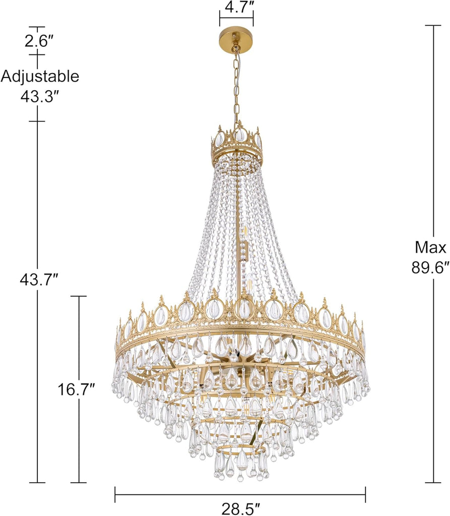 French Empire Crystal Chandelier 9 Lights Modern Gold Chandelier, Luxury High Ceiling Light Fixture for Dining Living Room, Bedroom, Kitchen Island, Foyer, Hallway, 28.5" W x 43.7" H A108-B0CSRZ51TV