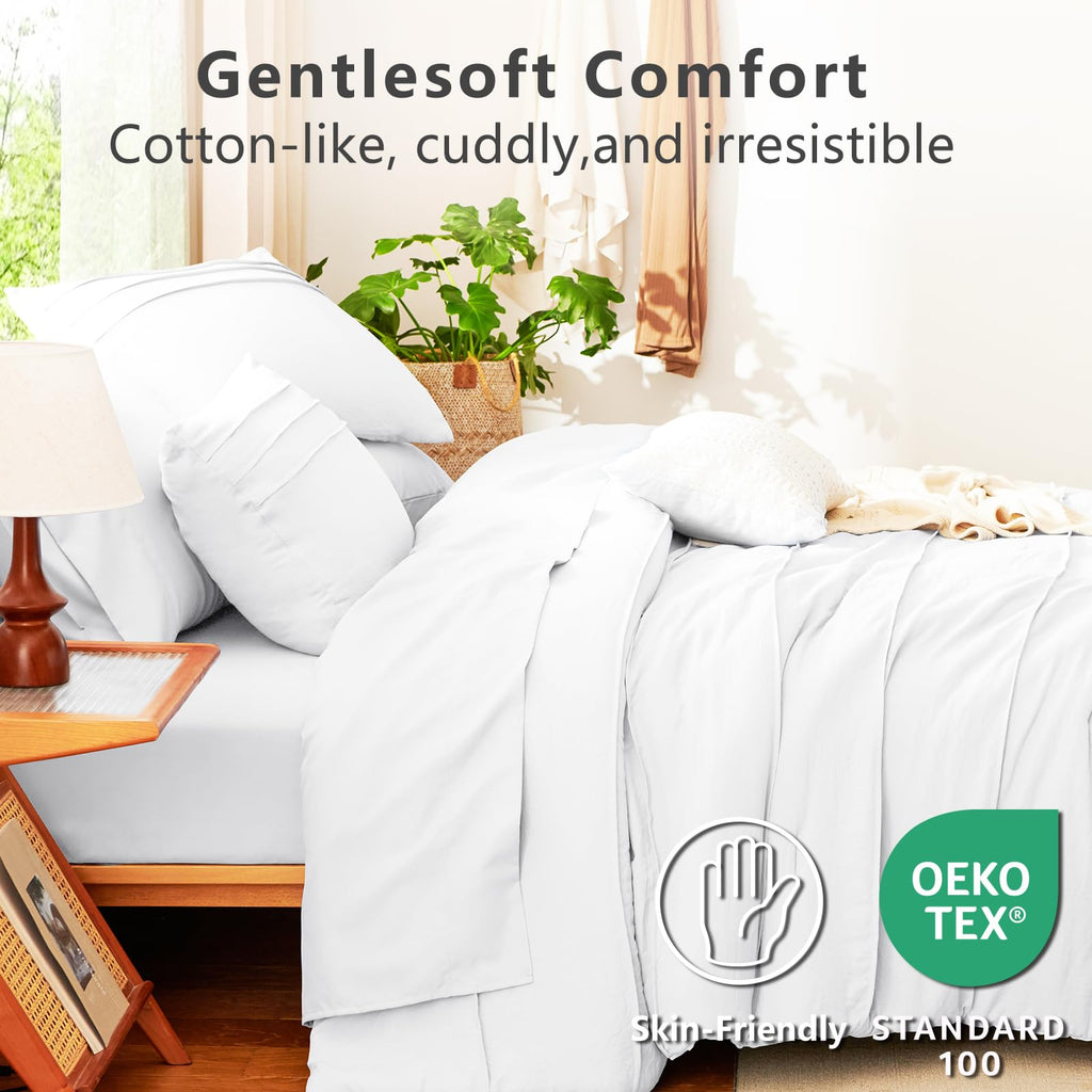 King Size Comforter Set White, 7 Pieces Soft Pinch Pleat Bed in a Bag King Comforter Set with Sheets, Boho Bed Set