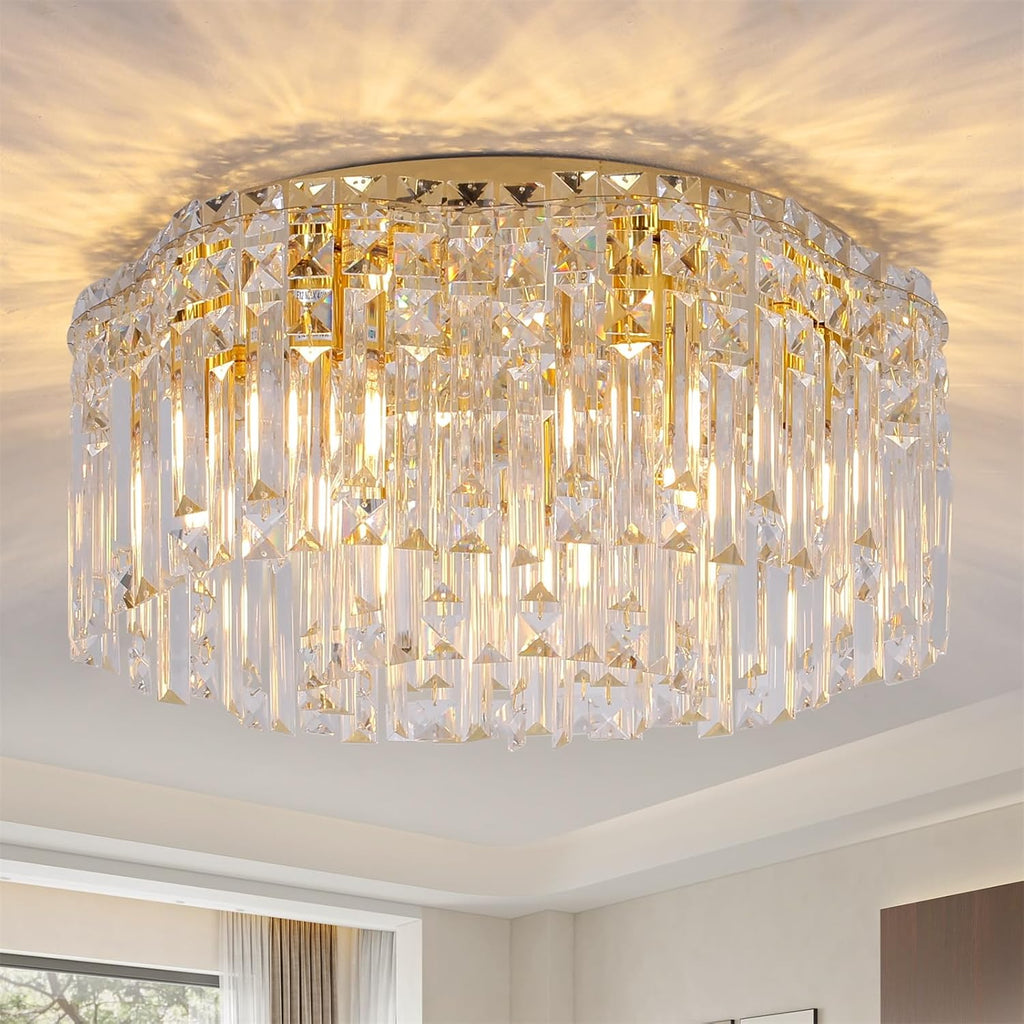 Flush Mount Crystal Chandelier, 18 inch Modern Crystal Ceiling Lights with Warm White Light Bulb (2700K), Flush Mount