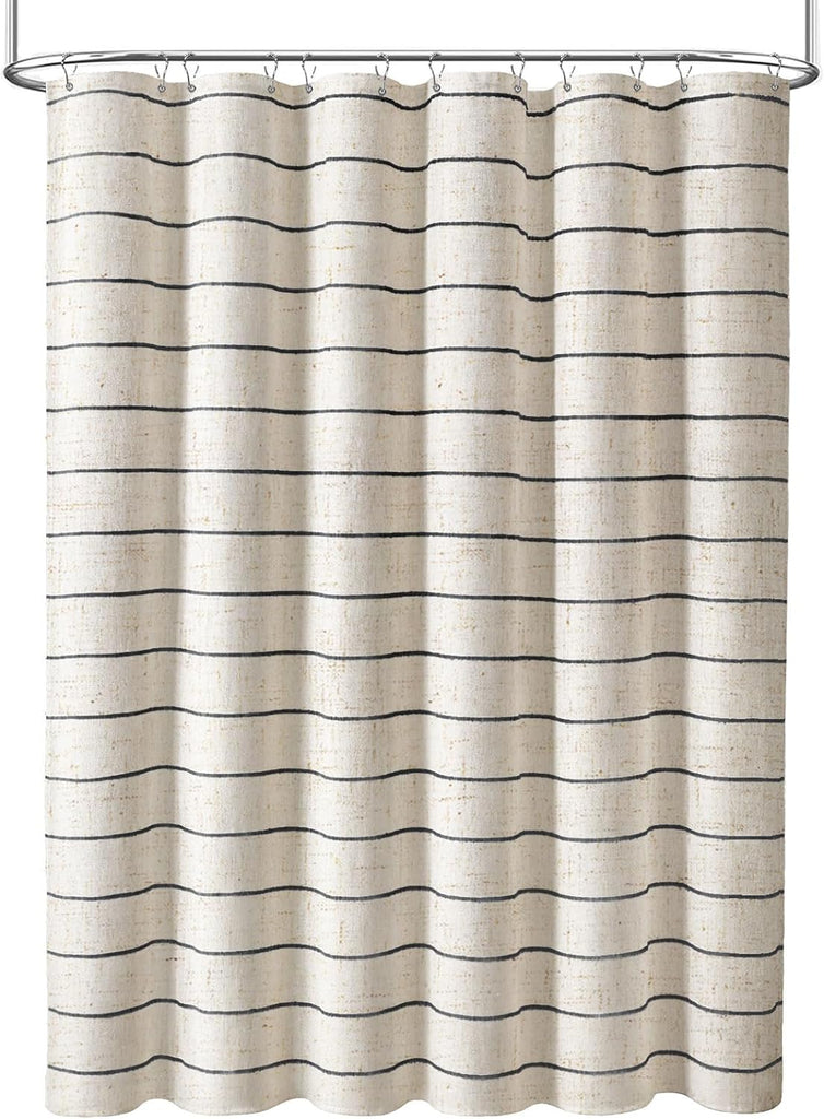 Striped Linen Shower Curtain , Black and Beige 72 W x 72 H | Boho Farmhouse Neutral Tan Bath Curtain