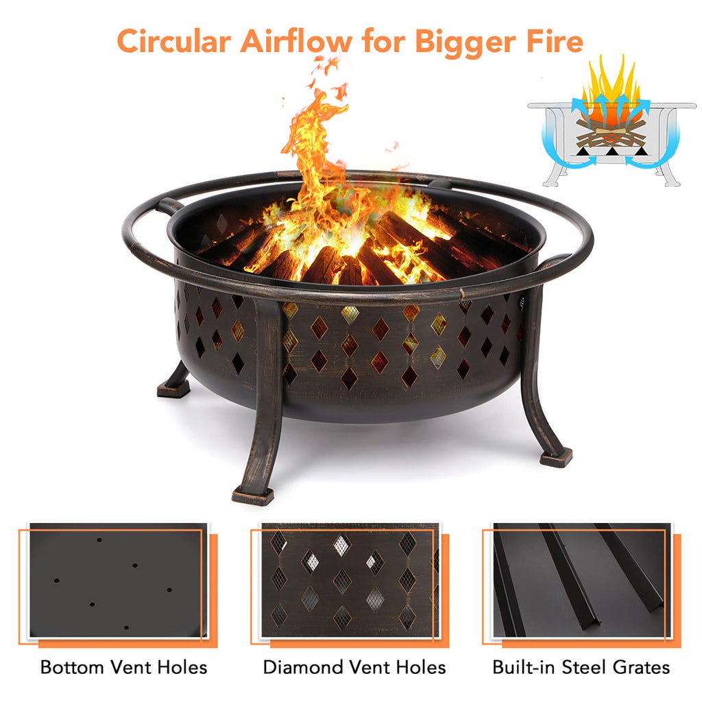 36 Inch Fire Pits for Outside Outdoor Wood Burning Firepit with BBQ Grate Large Heavy Duty Steel Firepit Bowl Bonfire