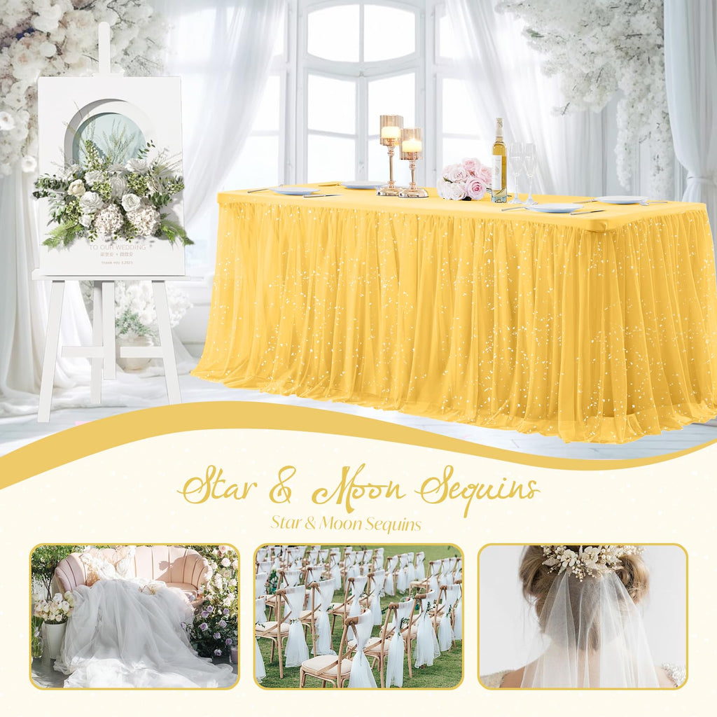 Gold Glitter Tulle Fabric Rolls with Silver Sequin, 1 Yard