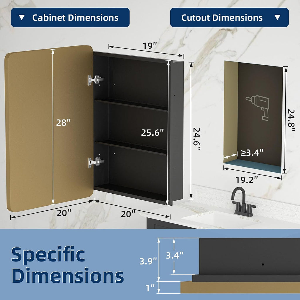 Medicine Cabinet 20 x 28 Inch, Brush Gold Bathroom Medicine Cabinet with Mirror,Metal Beveled Mirror, Adjustable