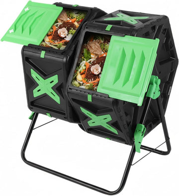 140L Dual Chamber Efficient Outdoor Compost Bin with Sliding Door | 360 Degree Rotating Large Composter Easy Setup