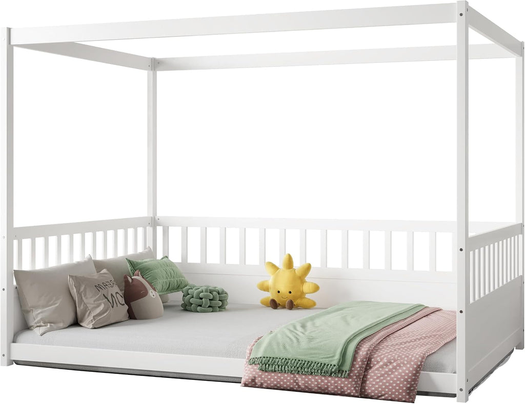 Canopy BedFrame, Wood Montessori House Floor Bed, Canopy Platform Bed for Kids, White no slats