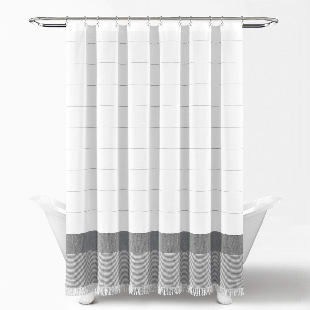 White Woven Cotton with Gray Stripe and Tassel Fringe, Bathroom Accessories (72" x 72")