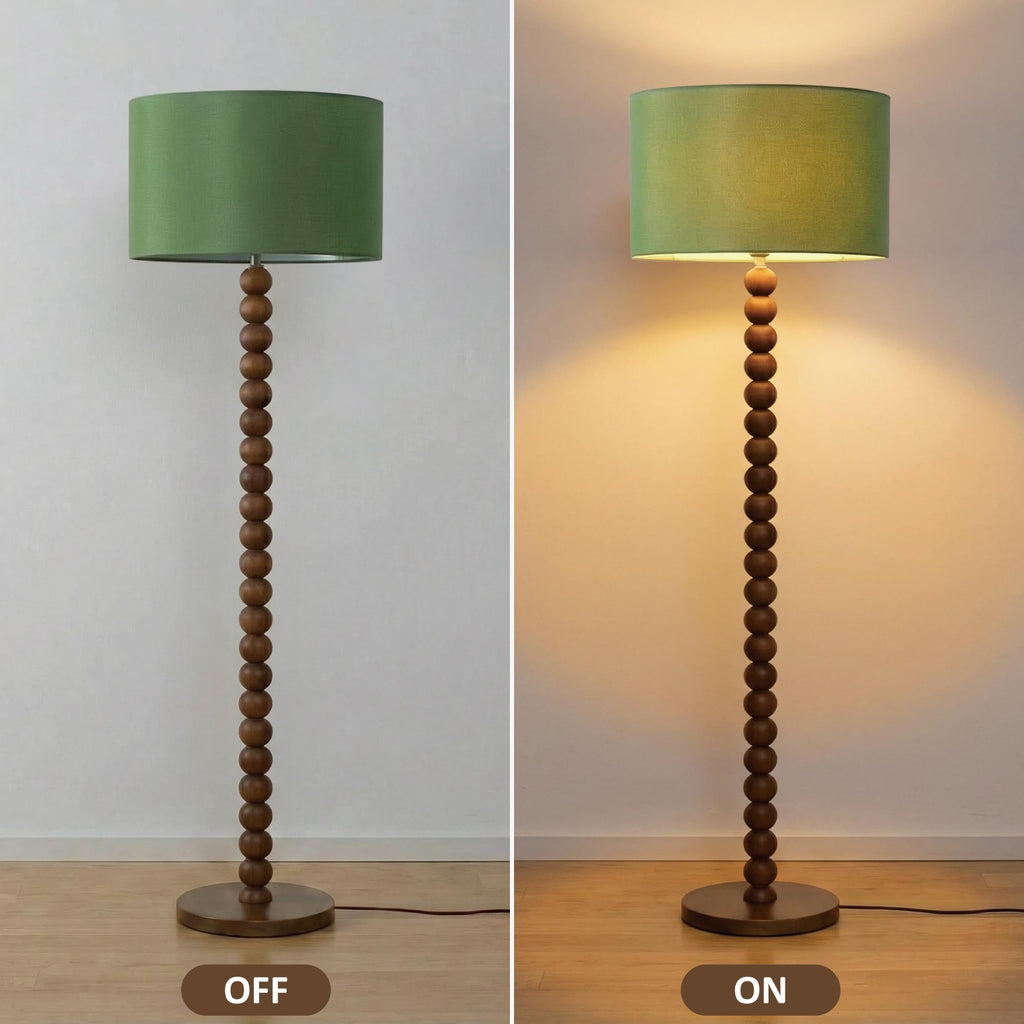 60.6 Inch Beaded Walnut Wood Floor Lamp with Linen Shade, Green
