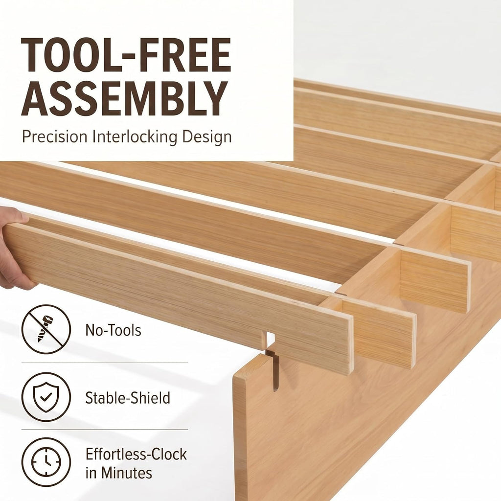 Wood Platform Bed Frame, Tool-Free Japanese Joinery, Natural