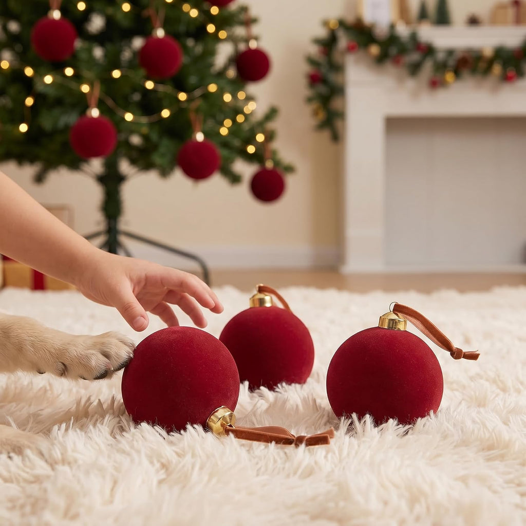 Red Velvet Christmas Decorations Balls, 2.65 Inch Christmas Ornaments Decor, Dark Red Flocked Ball for Family - Set of 15