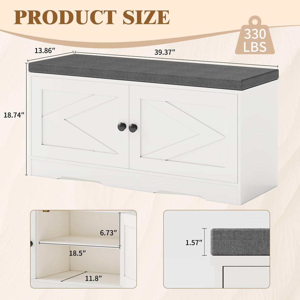 Shoe Storage Bench, 2 Tier Entryway Bench with Padded Seat Cushion, 2 Barn Doors, Adjustable Shelves, 39.37" Shoe