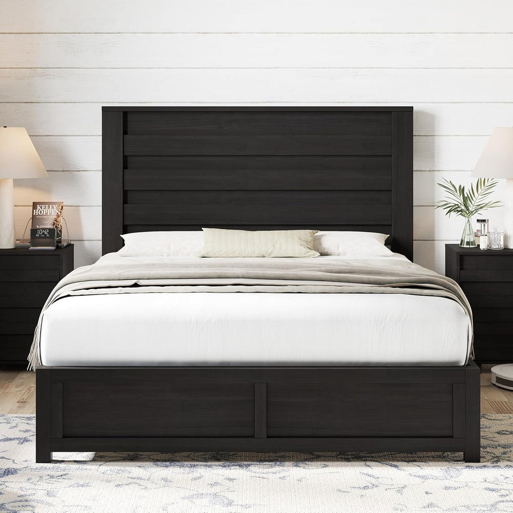 Farmhouse Queen Bed Frame with 49" Tall Headboard, Platform Bed with Natural Wood Grain, No Box Spring Needed/Noise