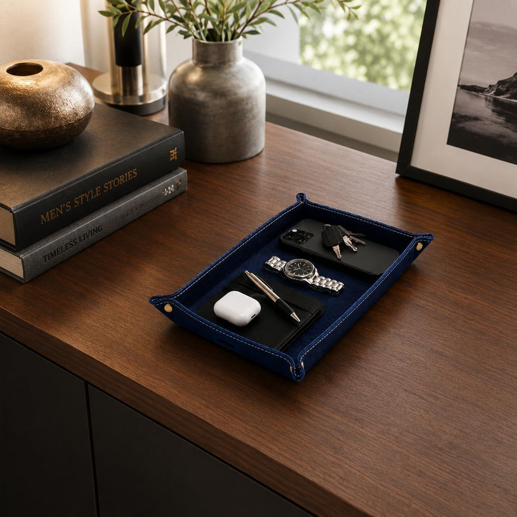 Leather Valet Tray for Men - Double Layer Genuine Leather Catchall EDC Tray for Keys, Wallet, Phone & Watch - Mens