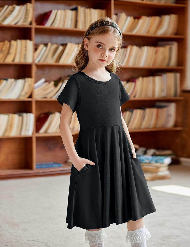 Girl's Summer Dresses Short Sleeve Casual Holiday Skater Twirl Dress with Pockets
