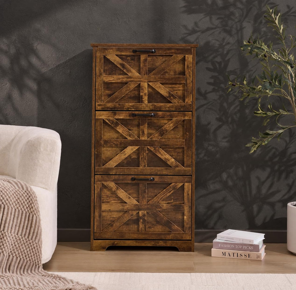 Shoe Cabinet with 3 Flip Drawers, Farmhouse Shoe Storage, Wooden Shoe Organizer Cabinet with Adjustable Shelves