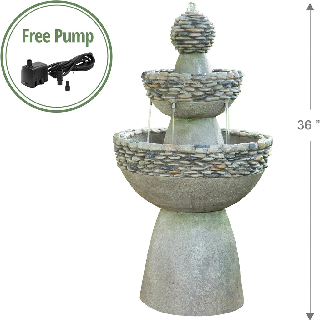 36.5 in. Outdoor 3-Tier Zen-Style Pedestal Water Fountain in. with Stone Trim with Pump and 2.64 Gallon Capacity