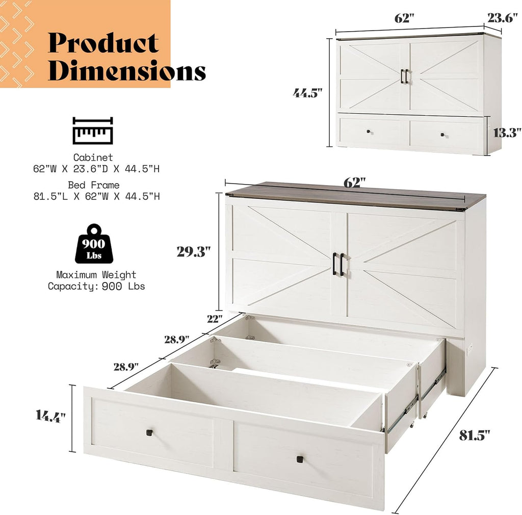 Queen Murphy Bed with Storage & Charging Station, Farmhouse Murphy Cabinet with Foldable Panel, Noisy Free, for Guest