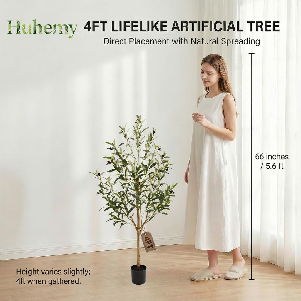 4FT Olive Trees Artificial Indoor, Fake Olive Tree with Natural Wood Trunk and Olive Branches and Lifelike Fruits, Faux