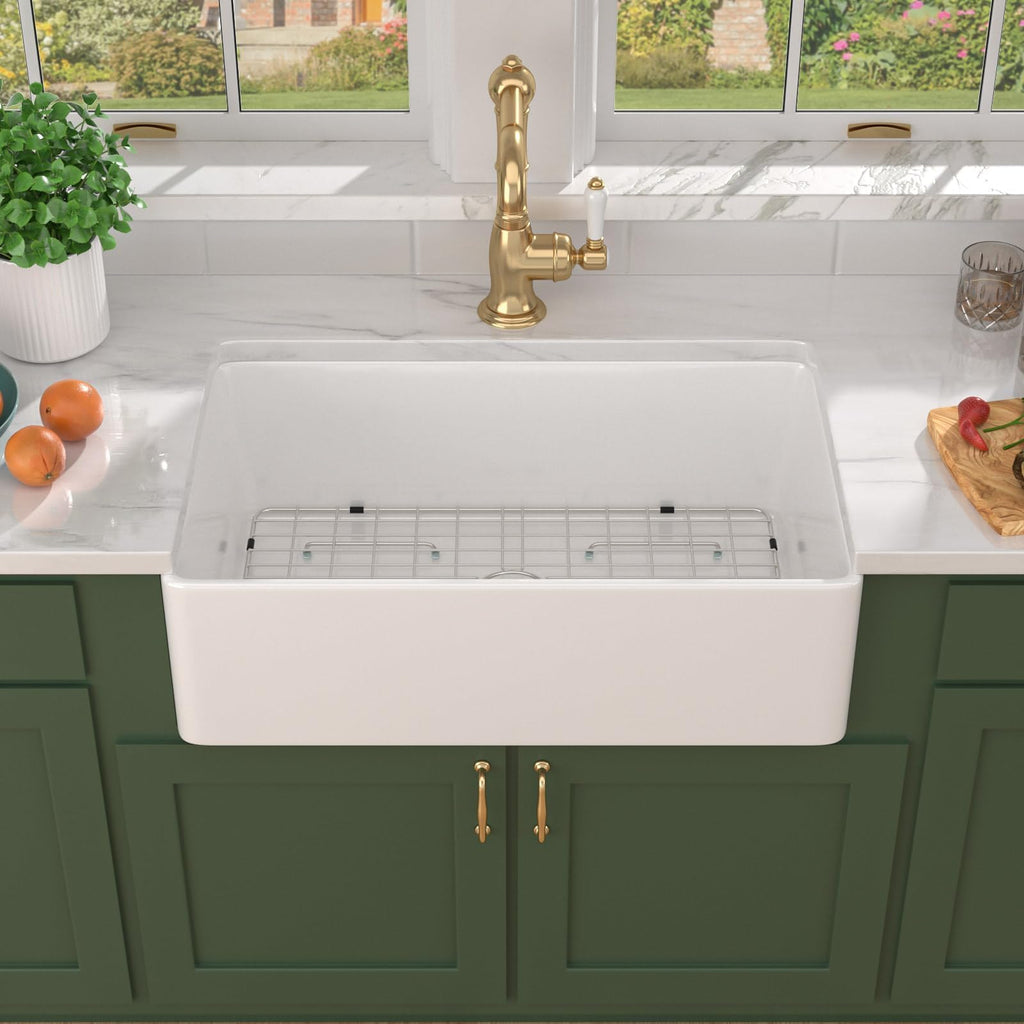 33x20 Inch White Farmhouse Sink, Fireclay Apron Front Single Bowl Ceramic Poecelain Farmhouse Kitchen Sink #