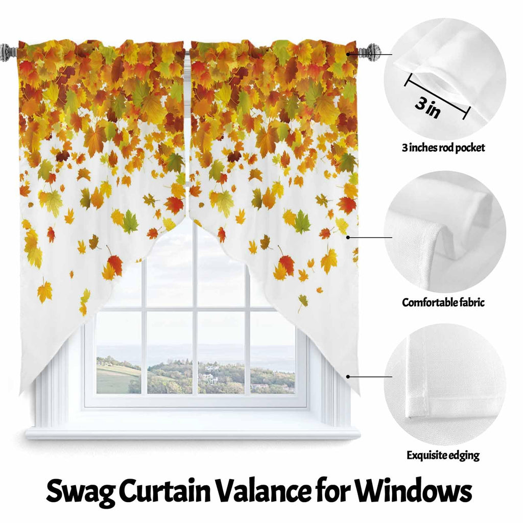 Thanksgiving Orange Swag Curtains Valance Windows, Autumn Vintage Fall Maple Leaf Wide Rod Pocket Curtain