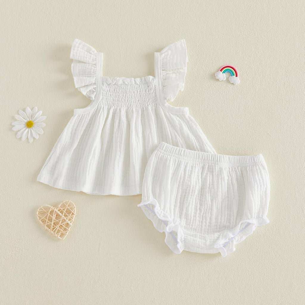 Baby Girl Summer Clothes Cute Basic Plain Cotton Linen Ruffle Tops Dress Shorts Outfits Set Shirt Princess Outfit