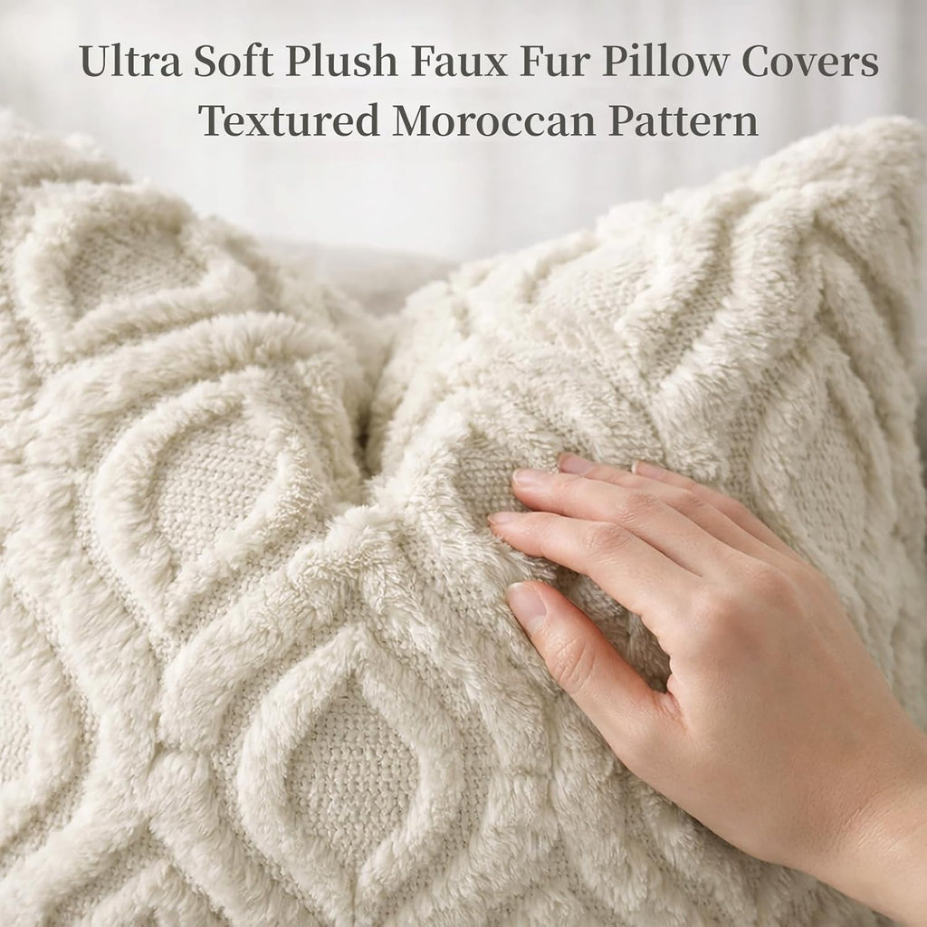 Throw Pillow Covers 18x18 Inch Set of 2, Soft Plush Faux Wool Beige Solid Couch Pillow Covers, Accent Farmhouse