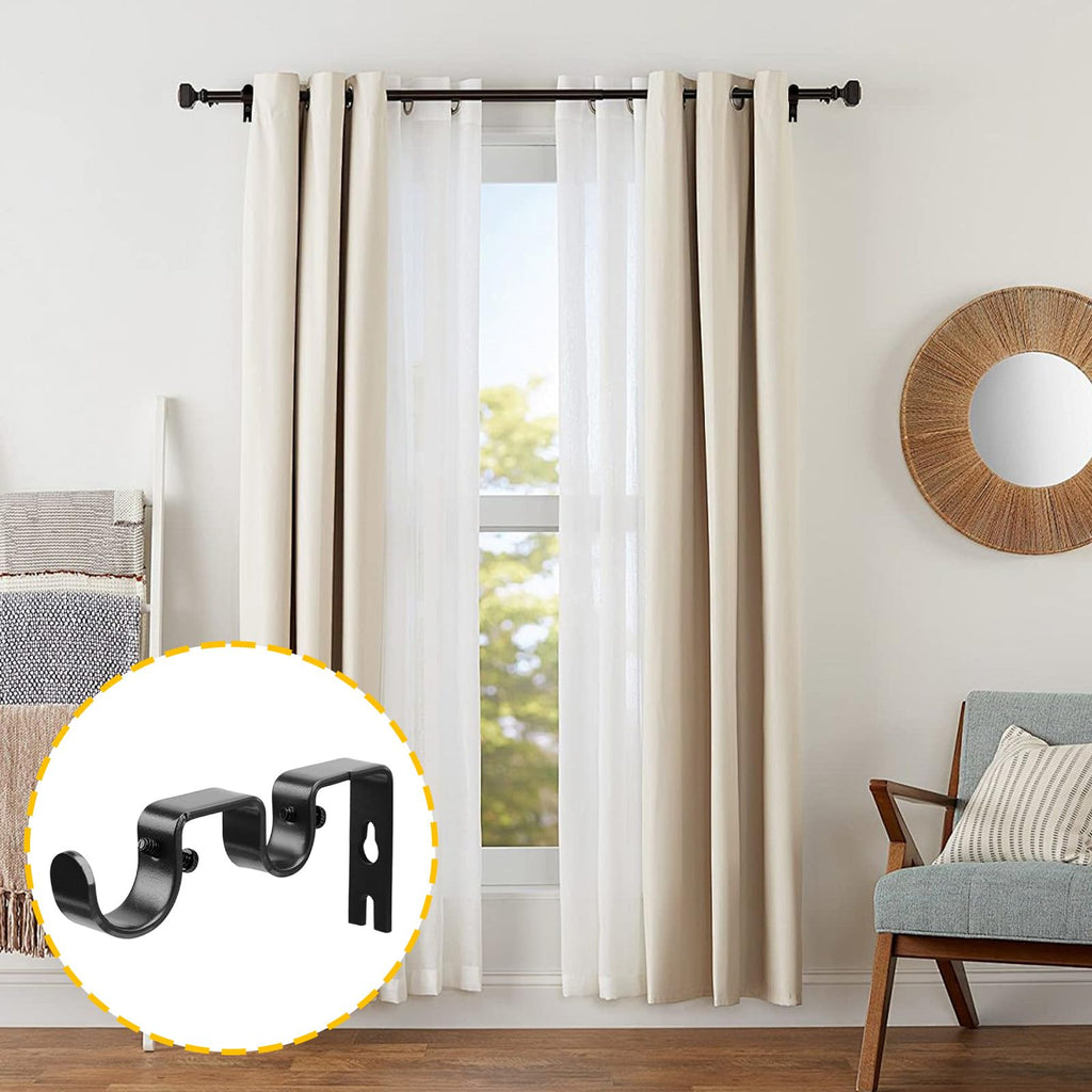 Double Curtain Rod Bracket, 2 Pack Metal Curtain Rod Hooks for Wall, Sturdy Curtain Rod Brackets with Screws, Black Wall