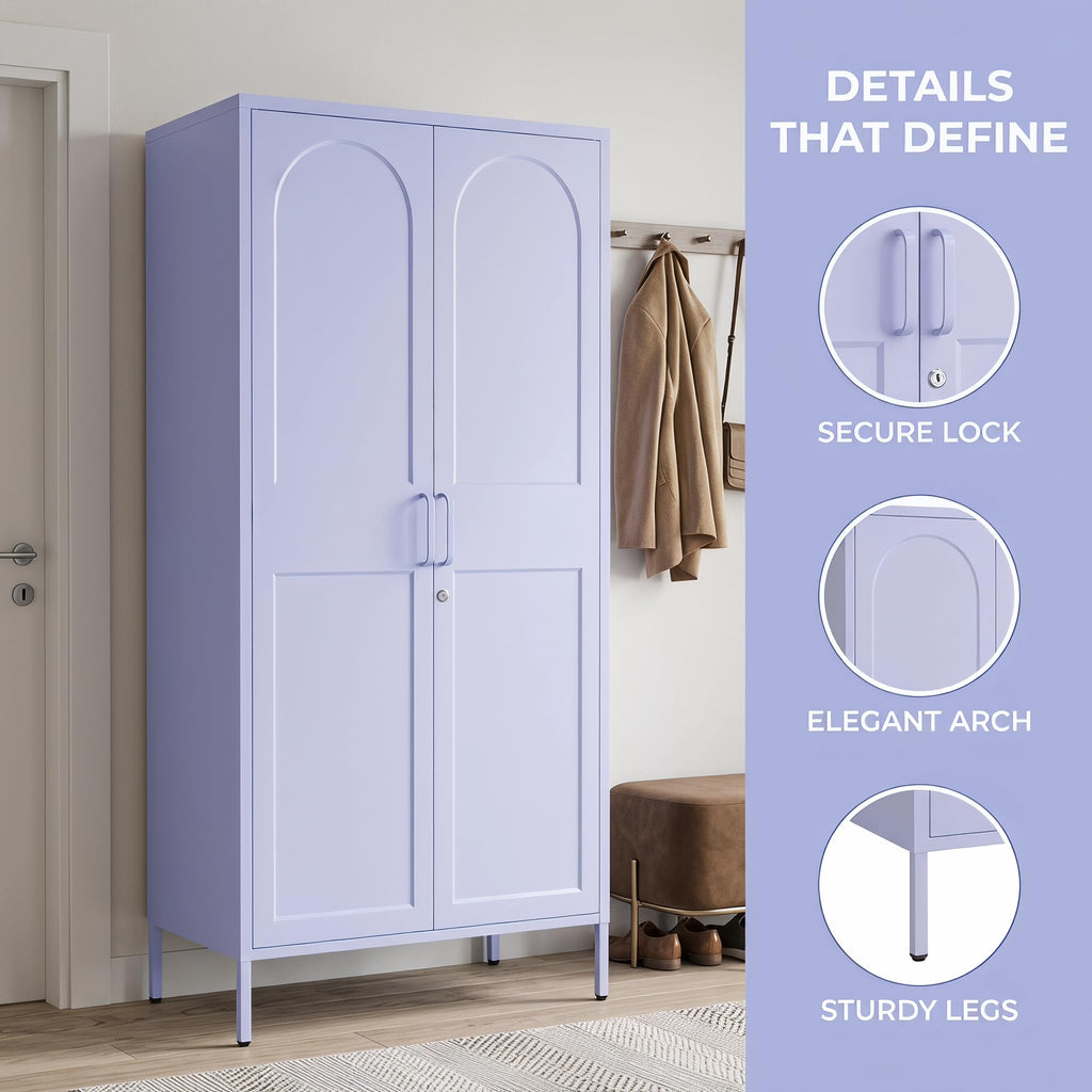 Lockable Closet Metal Wardrobe 67" Purple 2 Door Wardrobe Bedroom Storage Cabinet Adjustable shelf Multi functional