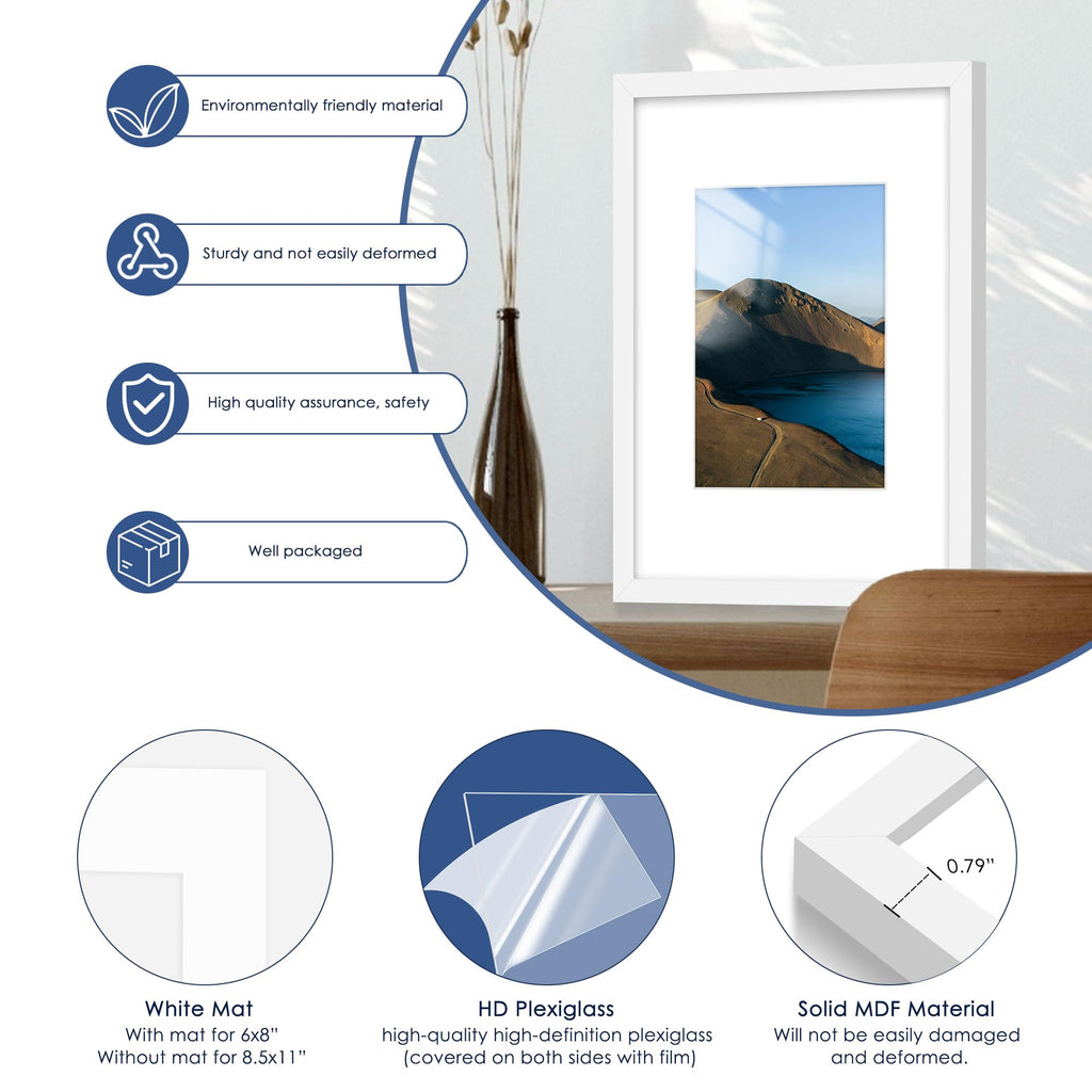 9x12 Picture Frame Set of 6, Wall or Tabletop Display, White