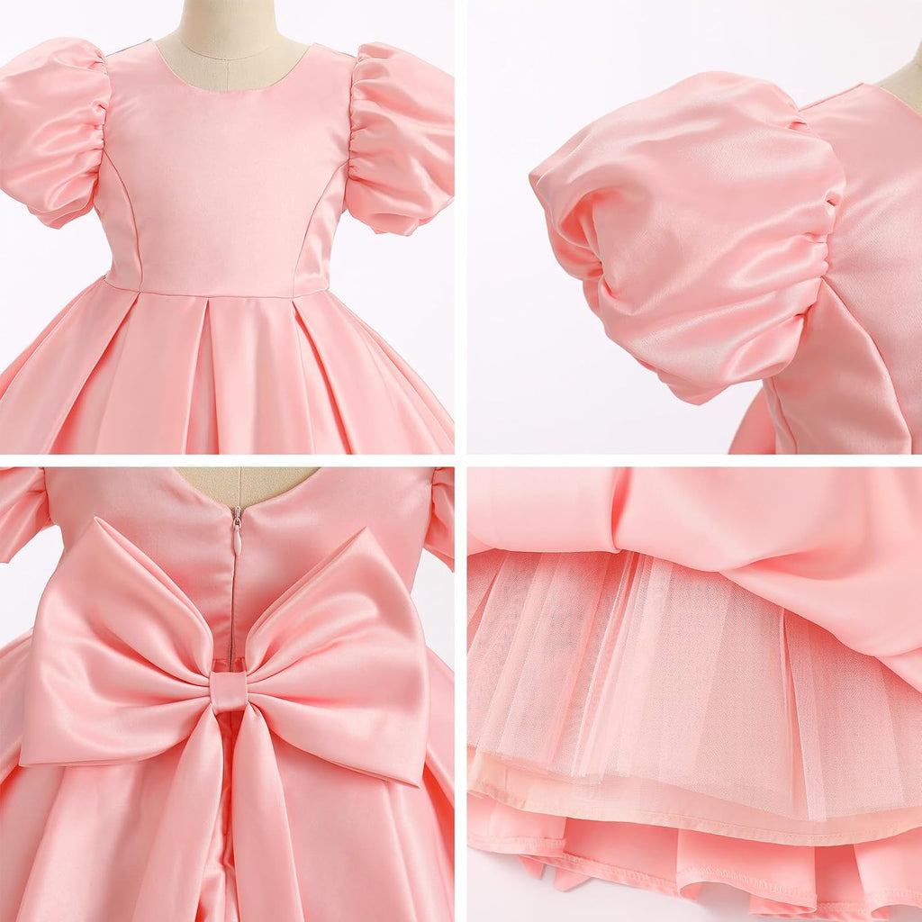 Toddler Flower Girl Dress V-Back Bow Satin Birthday Pageant Dresses