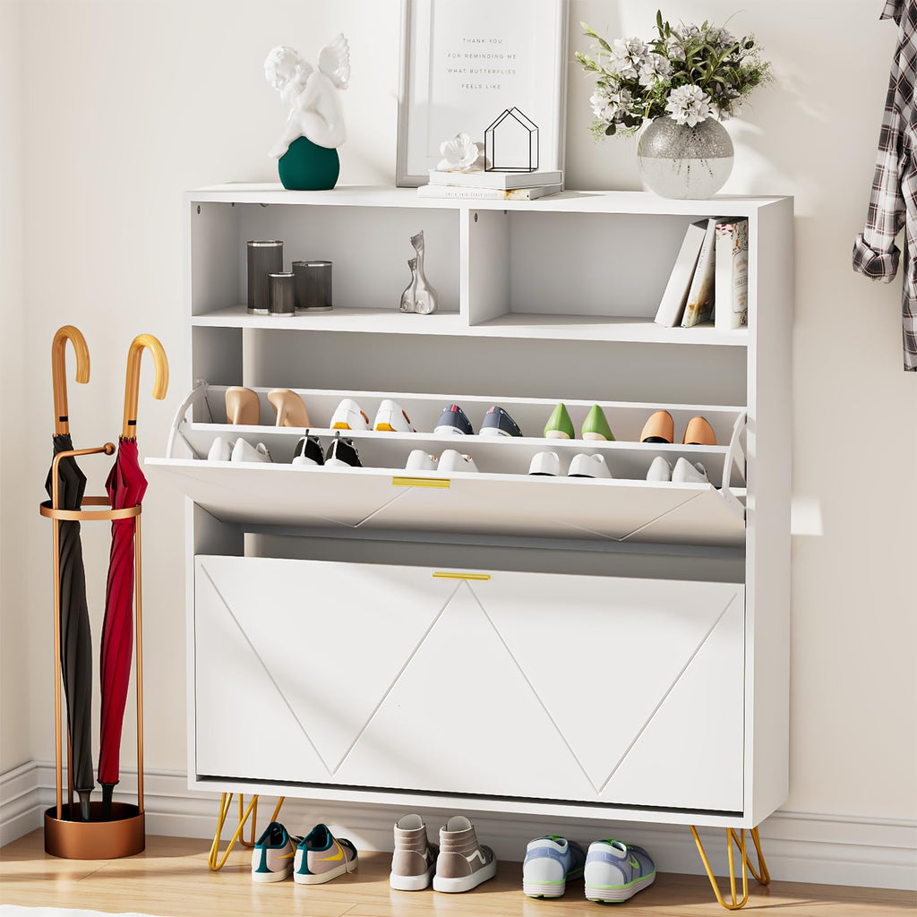 46'' Tall Shoe Cabinet with 2 Flip Drawers and Open Shelves, White丨Freestanding Shoe Organizer, Narrow Shoe Storage