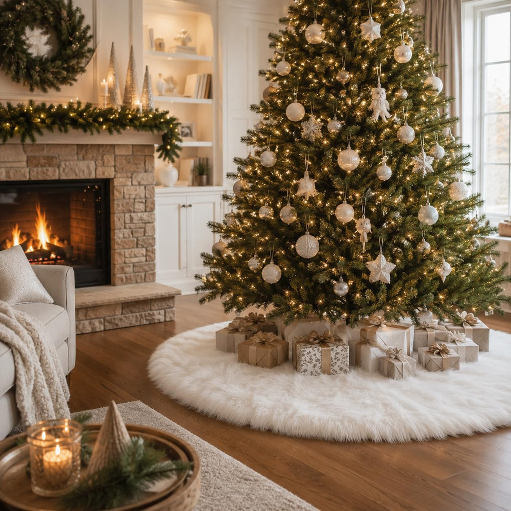 48 Inch White Faux Fur Christmas Tree Skirt, Luxury Plush Tree Base Cover and Home Christmas Decor