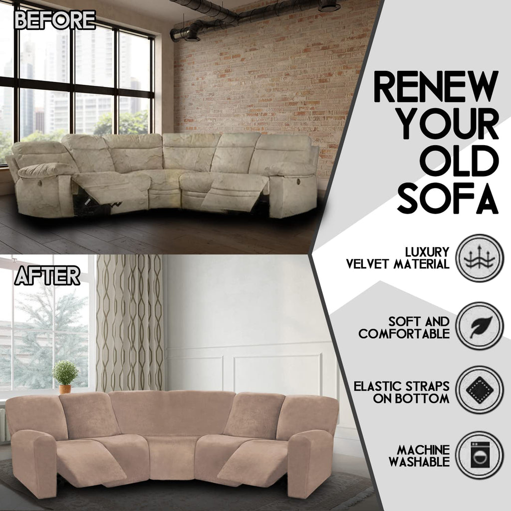 7-Piece L Shape Sectional Recliner Sofa Covers, Velvet Stretch Reclining Couch Covers for Reclining L Shape Sofa