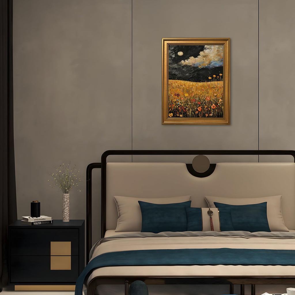 Gold Framed Yellow Wildflowers Field Painting Abstract Night Sky Moon Wall Art Canvas Print Vintage Floral Picture