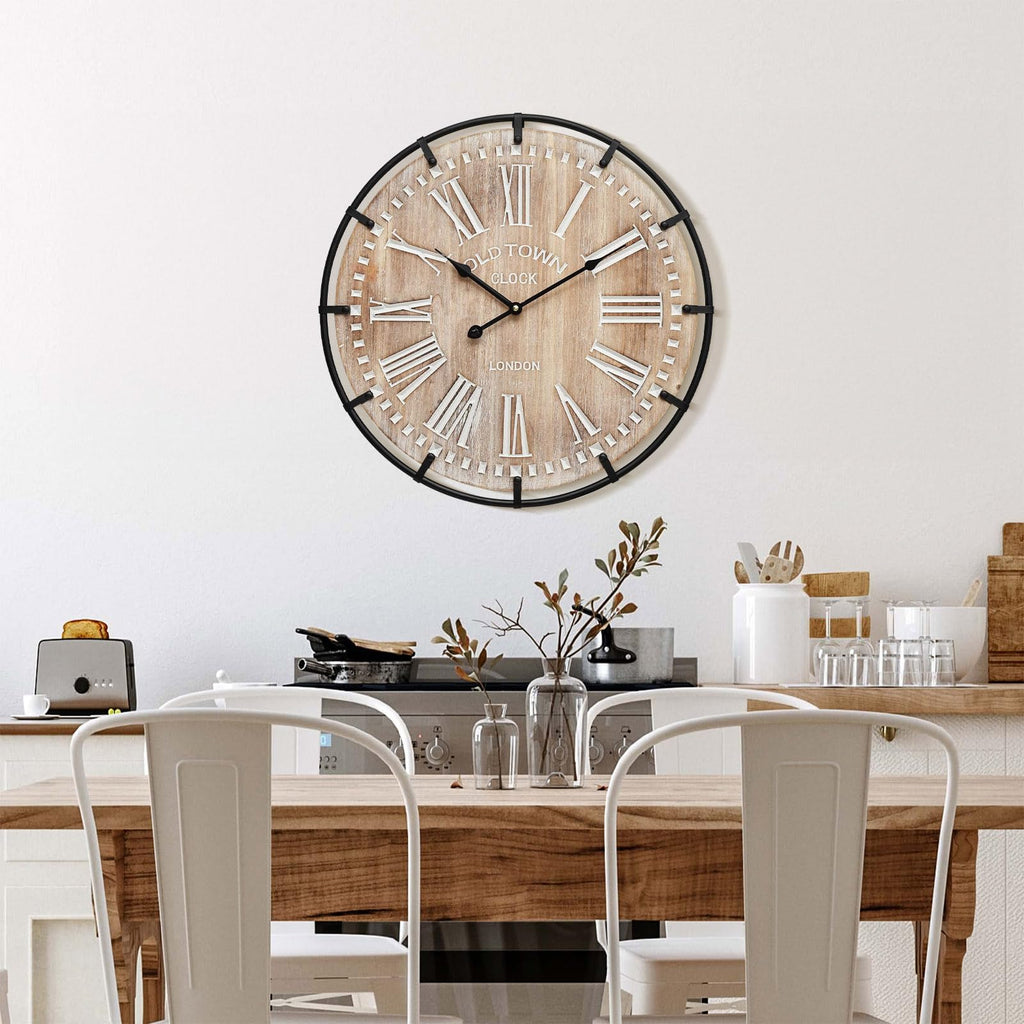 24 Inch Large Farmhouse Wall Clock, Rustic Wooden Wall Clock Decorative with Metal Circle and Engraved Numerals