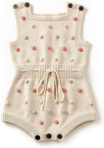 Baby Girl Romper, Sleeveless Pompoms Square Neck