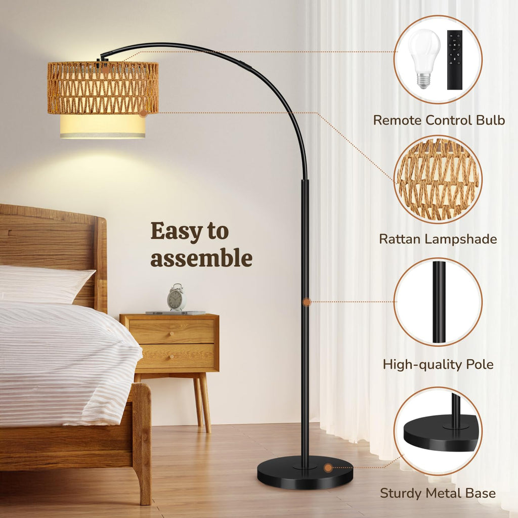 Arc Floor Lamp, Rattan Boho Floor Lamp with Remote Control, Black Standing Lamp with 3 Color Temperatures & Dimmable
