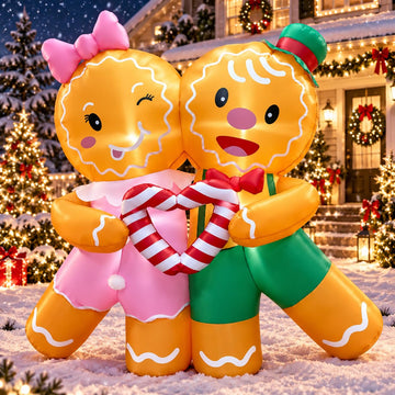 5ft Christmas Inflatables Gingerbread Lovers Decorations Built-in LED Lighted Blow Up Decoration Home Yard Outdoor