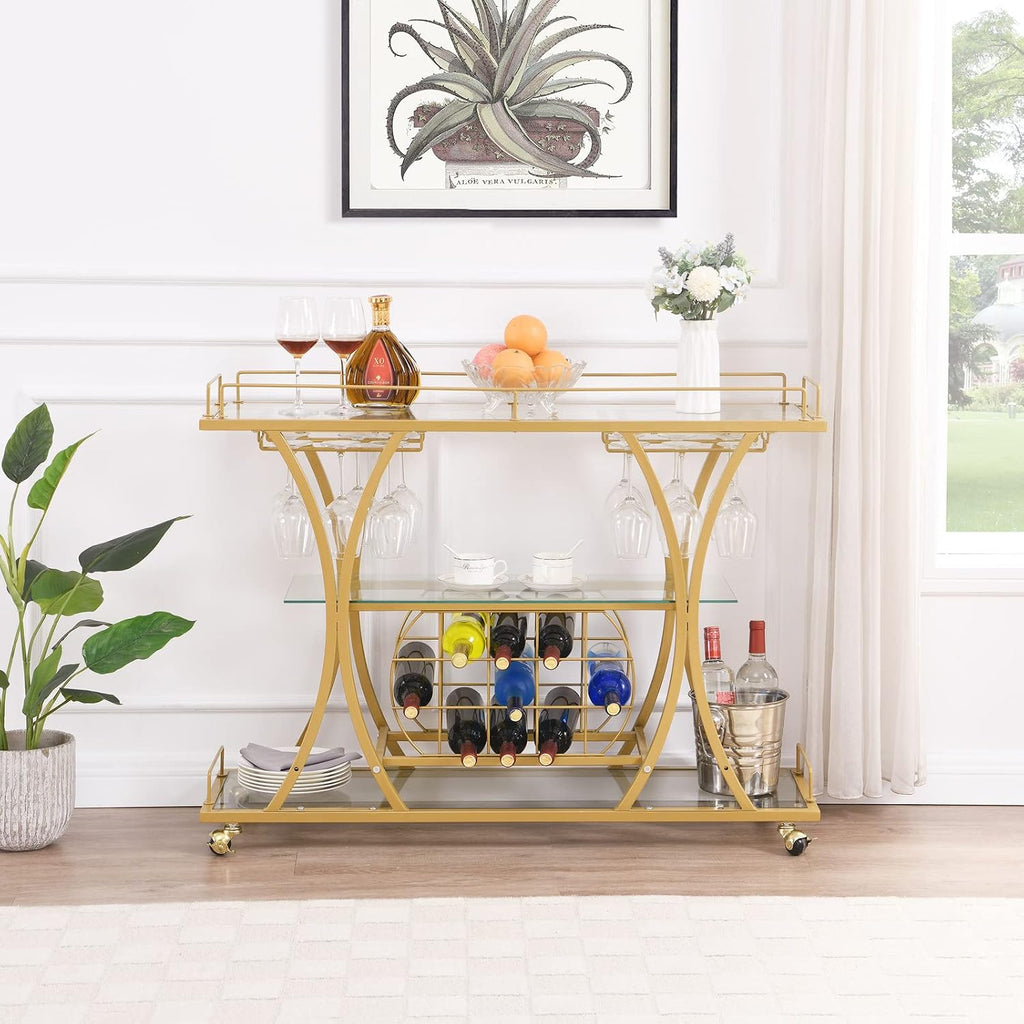 Gold Bar Carts with Glass Holders & Wine Rack,3 Tier Home Bar Serving Carts with Glass Shelves,Metal Rolling Bar