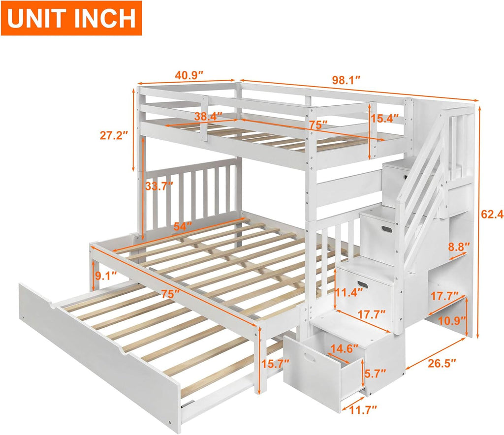 Stairway Twin Over Full Bunk Bed with Twin Trundle and Drawers