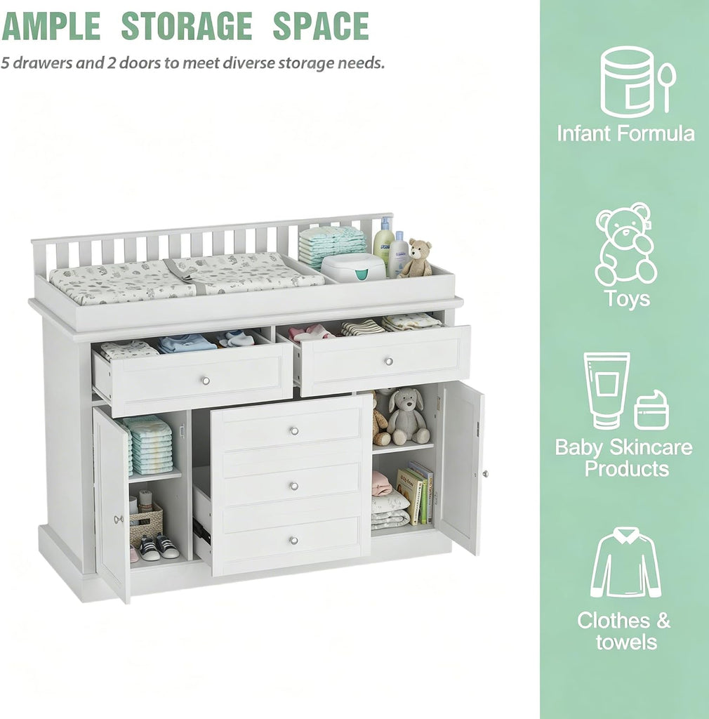 46" Large White Baby Kids Dresser with a Removable Changing Top | Large Chest of Drawers Dresser , 5 Storage Drawers