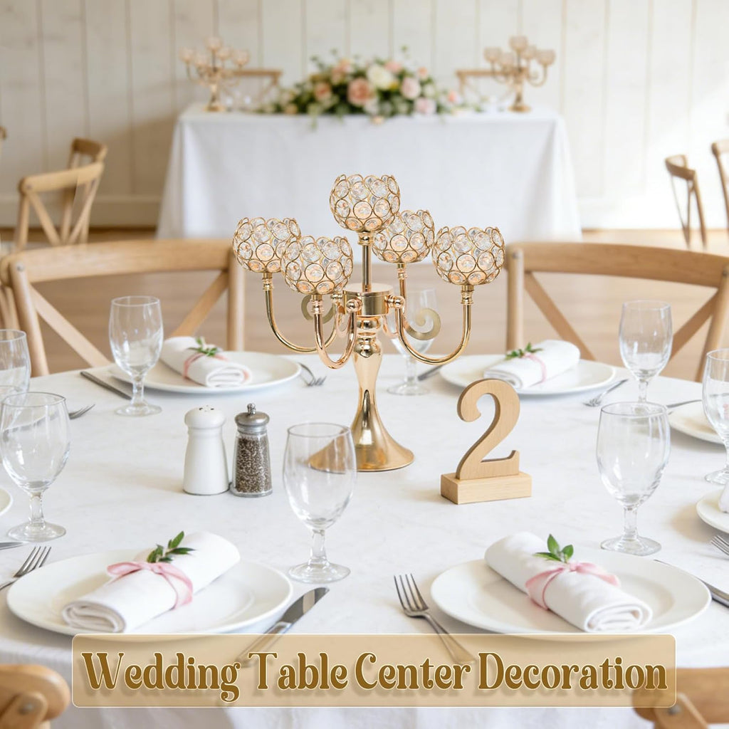 5 Arm Metal Crystal Candelabra Centerpiece - 13.4 Inch Elegant Candle Holder with Crystal Beadsable Decoration (4, Gold)